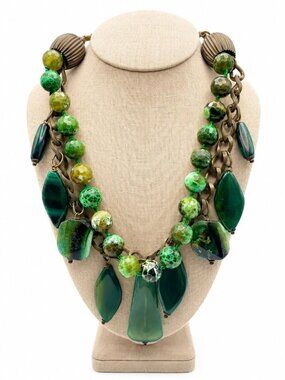 Jan Michaels San Francisco Green Agate Statement Necklace Artisan Brass